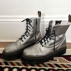Size 14 silver Dr. Martens platform boots.